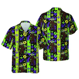 Bigfoot Jester Hat Fleur-de-lis Scepter Crawfish Purple Green Yellow Black Brown Short-sleeve Hawaiian Shirt