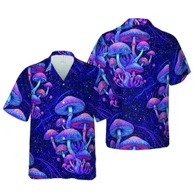 Bioluminescent Mushroom Cosmic Stardust: Electric Blue Neon Purple Hawaiian Fungi Pattern Short-sleeve Hawaiian Shirt