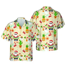 Hawaiian Christmas Santa Claus Snowman Cactus Pineapple Crab Starfish Tropical Pattern Short-sleeve Hawaiian Shirt
