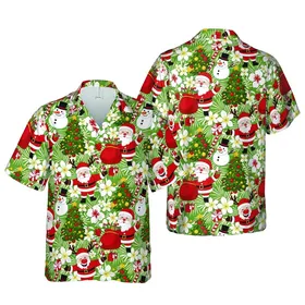 Hawaiian Christmas Cartoon Santa Reindeer Tree Holly Snowman Presents White Pattern Short-sleeve Hawaiian Shirt