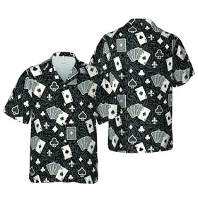 Ace of Spades Hawaiian Pattern: Playing Cards, Suits, Fleur-de-Lis, Black Mosaic Ground Short-sleeve Hawaiian Shirt