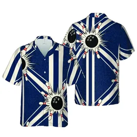 Bowling Enthusiast Hawaiian Strike Pattern: Navy Red Off-White Bowling Lane Motif Short-sleeve Hawaiian Shirt