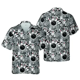 Bowling Enthusiast Hawaiian Black Ball White Pin Red Stripe Impact Lane Design Short-sleeve Hawaiian Shirt