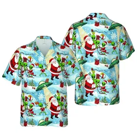 Santa Claus Alien Hawaiian Pattern, UFO Beams, Gift Sleighs, Snow Hills Scene Short-sleeve Hawaiian Shirt