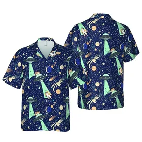 Cosmic Cats Hawaiian Pattern: Flying Saucer Abduction, Planets, Moons, Stars, Beige Navy Short-sleeve Hawaiian Shirt