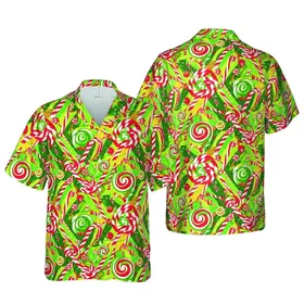 Striped Candy Cane Swirl Lollipop Wrapped Candy Red Green White Yellow Pattern Short-sleeve Hawaiian Shirt