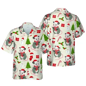 Opossum Christmas Hawaiian Pattern: Santa Hat Scarf Lights Candy Cane Snowman Holly Berry Design Short-sleeve Hawaiian Shirt