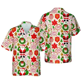 Santa Claus Hawaiian Christmas Gift Boxes Wreaths Holly Poinsettia Reindeer Figures Short-sleeve Hawaiian Shirt