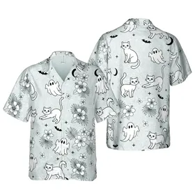 Cat Enthusiast Hawaiian Pattern: Ghost Cats, Black Outlines, Bats, Moons, Stars, Grey Marbled Short-sleeve Hawaiian Shirt