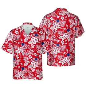 Waving American Flags, White Hibiscus & Swirling Tropical Leaves, Vibrant Red Mosaic Field Short-sleeve Hawaiian Shirt