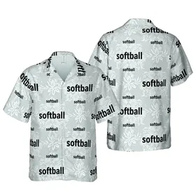 Softball Player Hawaiian Motif: Repeating Black Word on Heather Grey Textile Short-sleeve Hawaiian Shirt