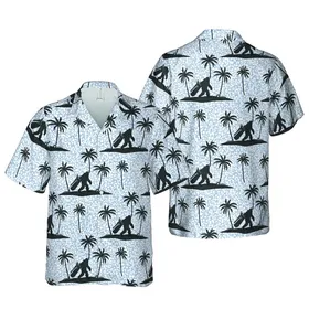 Bigfoot Golfer Hawaiian Pattern: Black Silhouette Palm Tree Golf Bag Design, Blue-Grey Short-sleeve Hawaiian Shirt