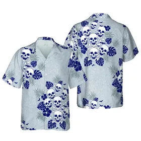 Stylized Skull Crossbones Hawaiian Pattern, Bat Silhouette, Intricate White Navy Grey Textile Motif Short-sleeve Hawaiian Shirt