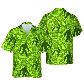 Tropical Bigfoot Design: Forest Green Sasquatch Tiki Mask Olive Chartreuse Camo Textile Short-sleeve Hawaiian Shirt