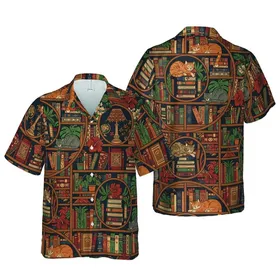 Cat Lover's Hawaiian Library: Tabby Ginger Grey Felines on Vintage Bookshelves Short-sleeve Hawaiian Shirt