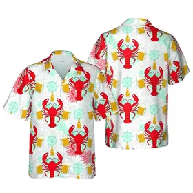 Red Lobster Crab Beer Mug Yellow Bottle Anchor Ship Wheel Compass Mosaic Short-sleeve Hawaiian Shirt