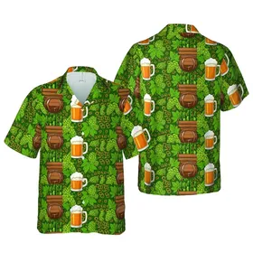 Hawaiian Golden Steins Hop Leaf Pretzel Forest Green Pattern Short-sleeve Hawaiian Shirt