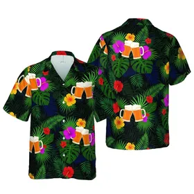 Beer Enthusiast Amber Mugs Clinking Tropical Hibiscus Palm Print Short-sleeve Hawaiian Shirt