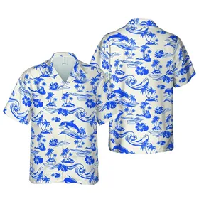 Detailed Dolphin & Palm Island Design, Cerulean Blue Aqua Linen, White Ocean Waves Short-sleeve Hawaiian Shirt