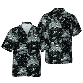 Seamless Edge-to-Edge Bigfoot Alien Hand Heart Monochromatic Cosmic UFO Star Pattern Short-sleeve Hawaiian Shirt