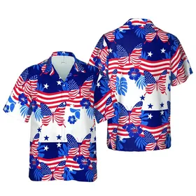 Patriotic Hawaiian Pattern: Flag Butterfly Design, Waving Stripes & Deep Navy Short-sleeve Hawaiian Shirt