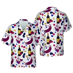 Burgundy Wine Bottles, Golden Caps: Tilted Glasses, Berry Clusters, Splatter Detail Short-sleeve Hawaiian Shirt