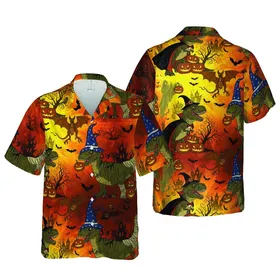 Dinosaur Halloween Hawaiian Design with Costumed T-Rex & Jack-o'-Lanterns Sky Motif Short-sleeve Hawaiian Shirt