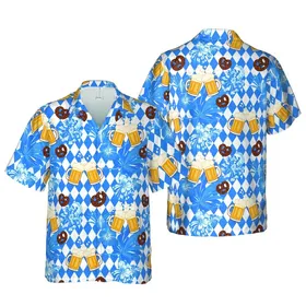Beer Enthusiast Hawaiian Pattern: Bavarian Blue Diamond Lozenge, Steins, Faces, Pretzels Short-sleeve Hawaiian Shirt
