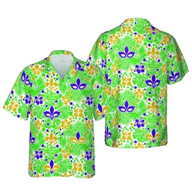 Mardi Gras Seamless Hawaiian Fleur-de-Lis Mask Dot Green Gold Purple White Design Short-sleeve Hawaiian Shirt