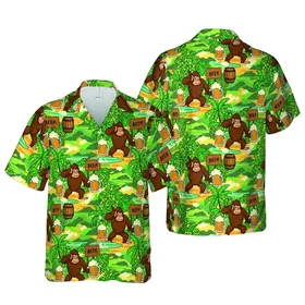 Bigfoot Beer Lover's Hawaiian Pattern: Sasquatch Surfing Hops & Tropical Foliage Fabric Short-sleeve Hawaiian Shirt