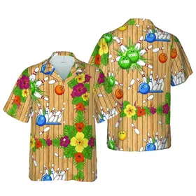 Bowler's Hawaiian Strike Pattern: Green Bowling Balls, Scattered Pins, Wood Lane Short-sleeve Hawaiian Shirt