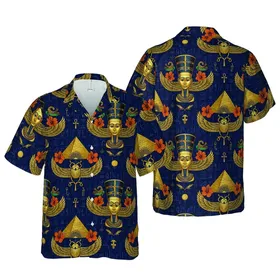 King Tut Nefertiti Egyptian Gods Hieroglyph Hawaiian Gold Navy Seamless Design Short-sleeve Hawaiian Shirt