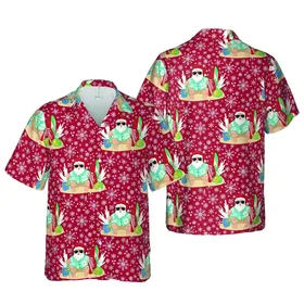 Santa Claus Beach Sunglasses Hawaiian Shirt Surfboard Snowflakes Red Backdrop Scene Short-sleeve Hawaiian Shirt