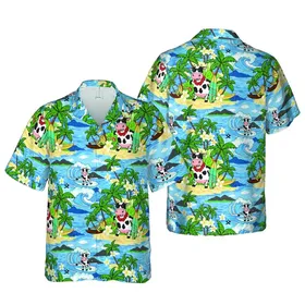 Black White Cartoon Cow Surfing Hawaiian Ocean Waves Palm Trees Plumeria Beach Pattern Short-sleeve Hawaiian Shirt