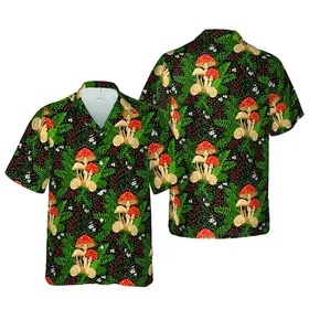 Mushroom Snail Fern Botanical Seamless Print – Deep Black Background Red Berry White Flower Pattern Short-sleeve Hawaiian Shirt
