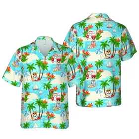 Corgi Dog Beach Vacation: Surfboards, Palm Trees, Camper Van, Ocean Scene Pattern Short-sleeve Hawaiian Shirt
