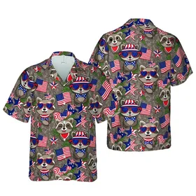 Raccoon American Flag Design: Patriotic Stars & Stripes Hats Sunglasses Bows Aloha Fabric Short-sleeve Hawaiian Shirt