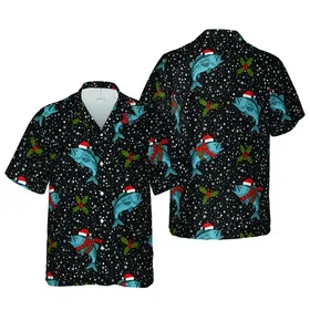 Bass Fish Christmas Hawaiian: Santa Hat Bass, Holly, Snowflake Black Dot Print Short-sleeve Hawaiian Shirt