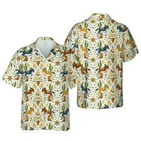 Texas Western Aloha: Longhorns, Pinto Horses, Boots, Revolvers, Cacti, Celestial Accents Short-sleeve Hawaiian Shirt