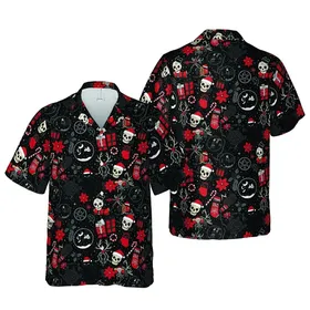 Gothic Christmas Hawaiian Pattern: Black Cat Skull, Red Stockings, Dark Rose, Pentagram Fabric Design Short-sleeve Hawaiian Shirt