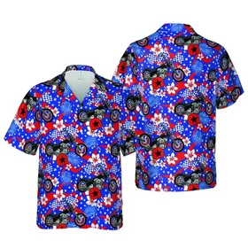 Biker Skull Hawaiian Chopper Motorcycle Design with Racing Flags & Red Star Helmets Short-sleeve Hawaiian Shirt