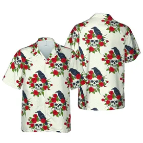 Hawaiian Skull Raven Rose Pattern: Intricate Botanical Vine & Red Flower Design Short-sleeve Hawaiian Shirt