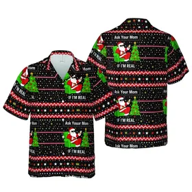 Humorous Holiday Fan: Tropical Modern Santa with Phone & Tree 'Ask If Real' Fabric Pattern Short-sleeve Hawaiian Shirt