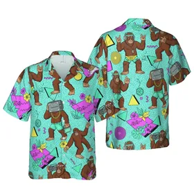 Bigfoot 80s 90s Pop Culture Hawaiian Geometric Pink Teal Guitar Boombox Print Short-sleeve Hawaiian Shirt