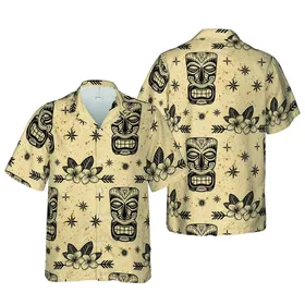 Polynesian Tiki Mask Tribal Floral Plumeria Aged Parchment Fabric Black Beige Tan Short-sleeve Hawaiian Shirt