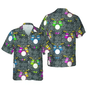 Drummer's Tropical Cartoon Drum Kit: Magenta Teal Palm Sublimation Art Short-sleeve Hawaiian Shirt