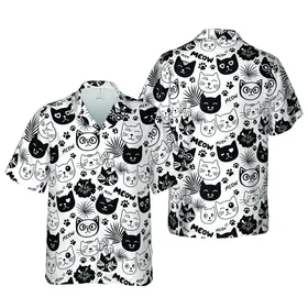 Cat Lover Black White Doodle Cat Faces Paw Prints MEOW Text Seamless Fabric Pattern Short-sleeve Hawaiian Shirt