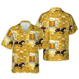 Hawaiian Jockeys Galloping Horses Frothing Beer Mugs Beer Steins Pattern Short-sleeve Hawaiian Shirt