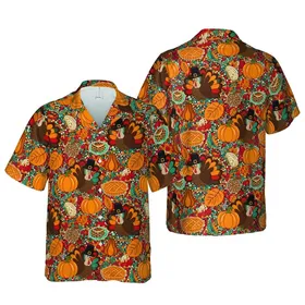 Hawaiian Turkey Pilgrim Hat Pumpkin Pie Gourds Berries Leaf Dot Tropical Pattern Short-sleeve Hawaiian Shirt