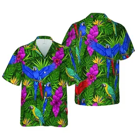 Hawaiian Macaw Parrots, Fuchsia Blossoms, Bird of Paradise, Tropical Foliage Textile Short-sleeve Hawaiian Shirt